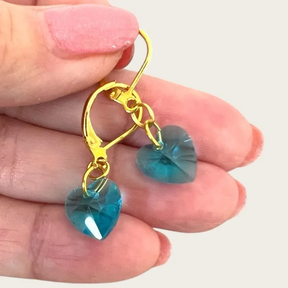 Blue Crystal heart earrings Gold plated - Picture 2 of 7